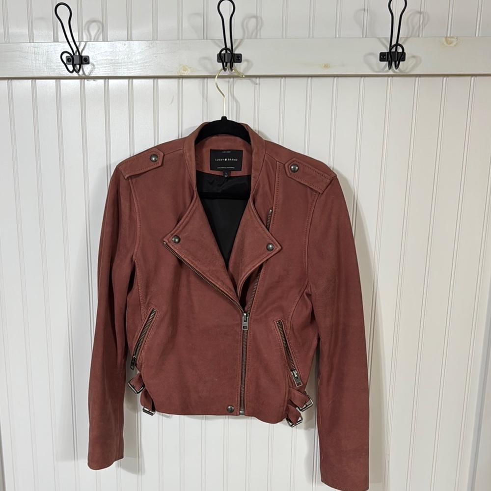 Lucky Brand Brown Leather Moto Jacket Asymmetrical Style